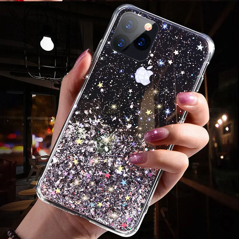 

Bling Glitter Star Transparent Phone Case For iPhone 11 12 Pro Max 7 8 6s Plus SE 2021 Shockproof Silicone Soft TPU Back Cover