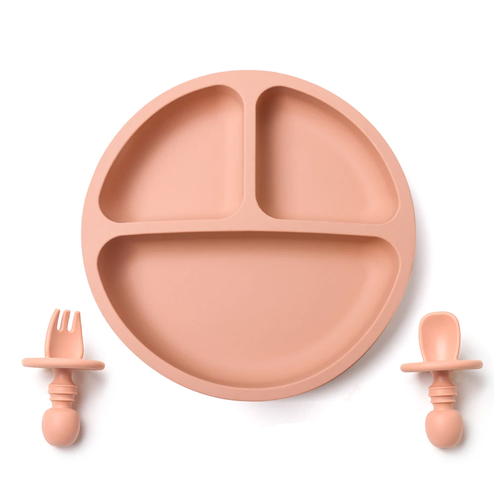 

eco friendly custom kid silicone baby tableware plates with suction and spoon fork set, Sage, clay, apricot, mustard, ether, dark grey, muted etc