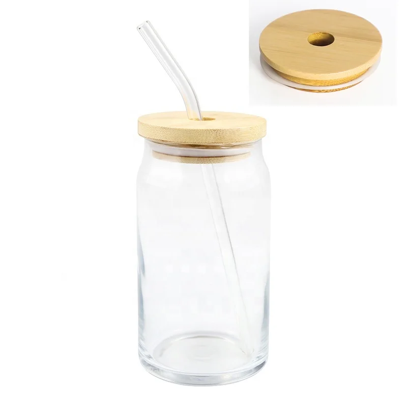 

Warehouse 12oz 16oz Sublimation blank coke Beer Can Beer Glasses Soda Cup Can Shape Glass with Bamboo Lid and and straw, White