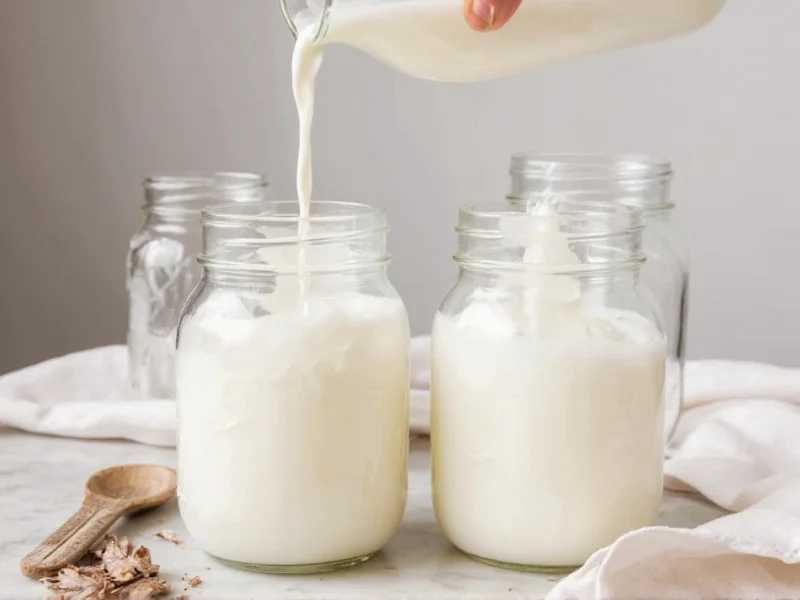 Pouring milk into jars for yogurt fermentation