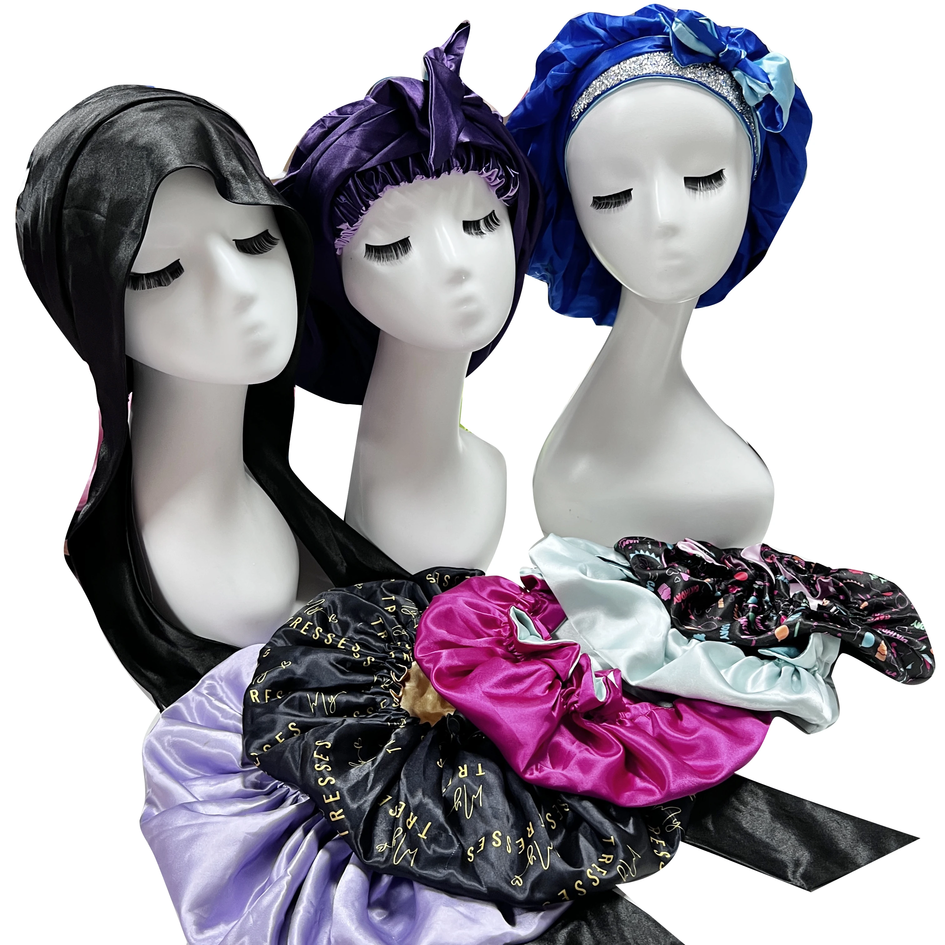 

free package long tie bonnets hair silk hair satin mommy and me double layer bonnet with designer silk bag bonnet