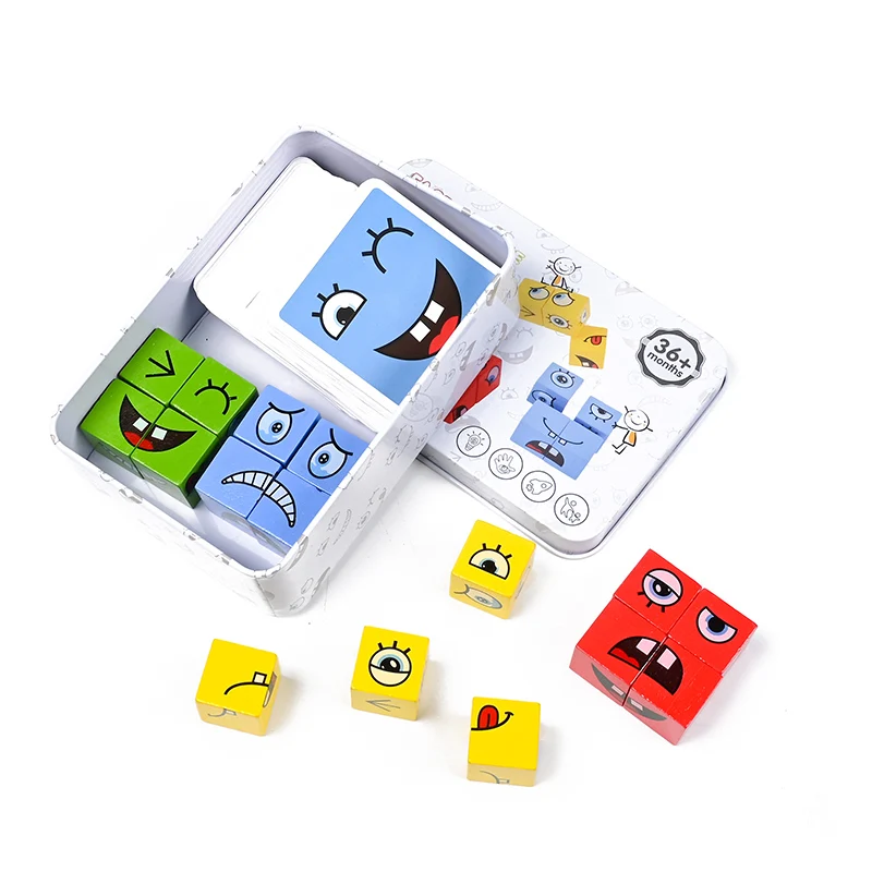 

Face change rubi's cube toy wooden building blocks wooden expression puzzle magic cube face pattern wooden educational montesso
