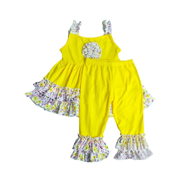

Toddler girl clothes yellow cotton ruffle tunic dress ruffle Capri pants sets flower dress baby girl toddler clothes