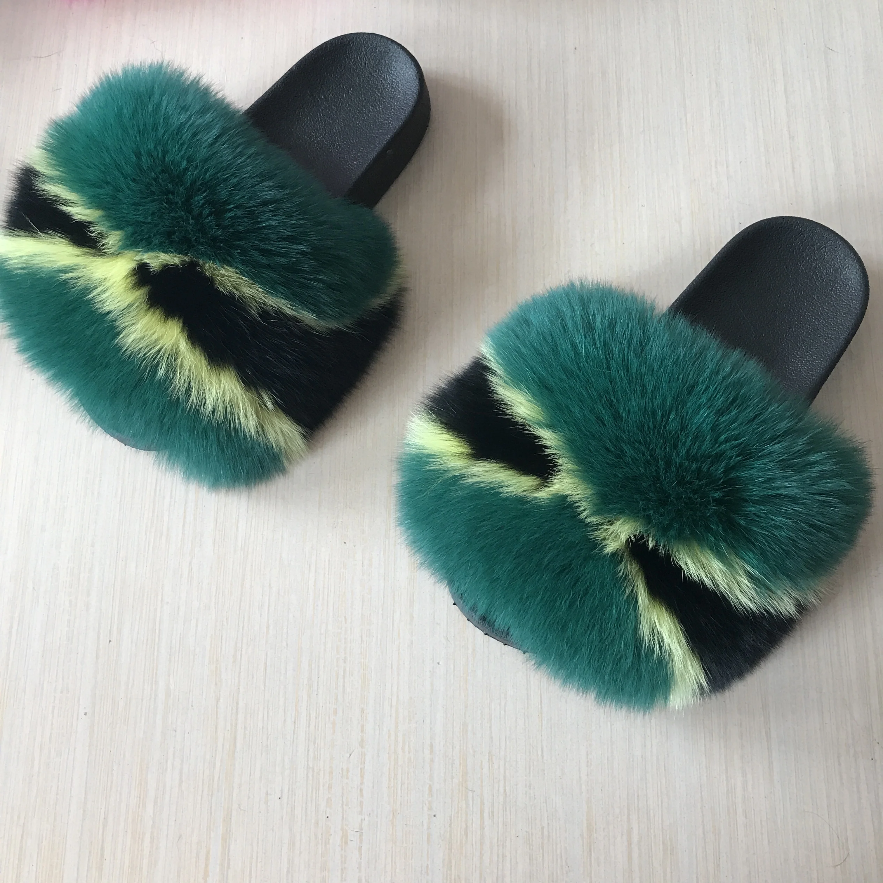 

2021 New design flag full fox fur slippers slides for women and girls