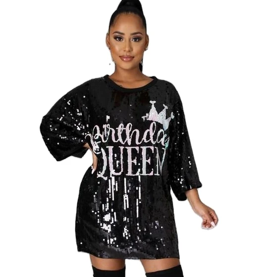 

Unique design IT'S MY BIRTHDAY party loose long sleeve queen Sequins T-shirts dress for women, Purple;red;black