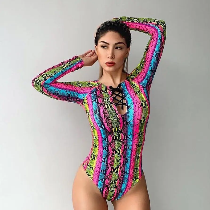 

Adults Colorful Snake Print Swimming Costume Long Sleeve Bandage Women Bathing Suits Bikini Swimwear Swimsuit One Piece