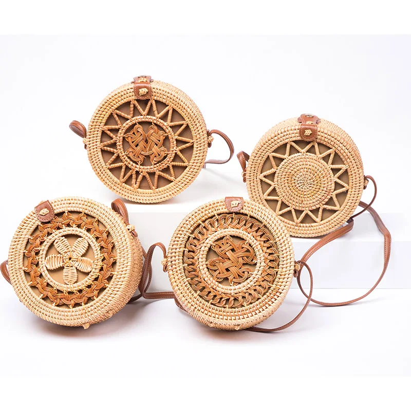 

Hot selling custom logo Hand made Willow Round Rattan Lady Bag with Leather Strap 2021, Various colors are available
