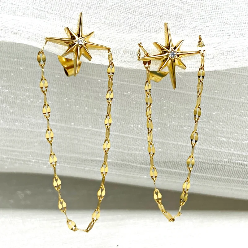 

Delicate Lady Jewelry Hypoallergenic 18K Gold Plated Stainless Steel Long Link Chain North Star Earring