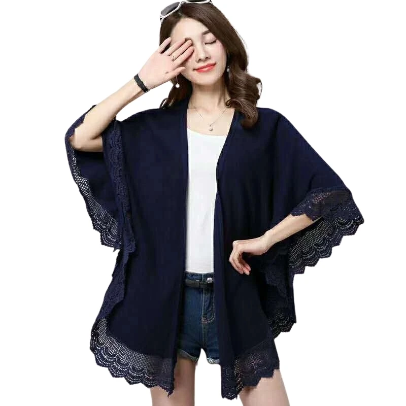 

2021Autumn and winter Hot Selling Plain Knitted bat sleeve fancy lace Scarf shawl Women's sweater coat