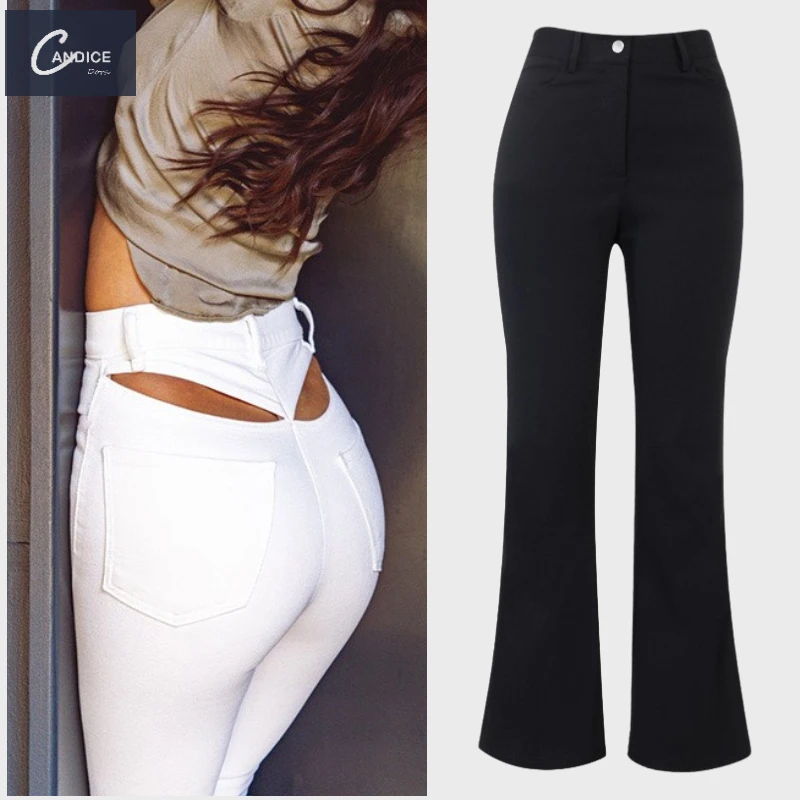 

Candice 2021 fashionable white and balk high waist hollow out flare sexy women's trousers & pants