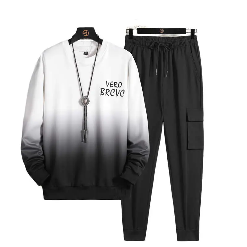 

New men's clothing trendy casual set long-sleeve trousers round neck men casual set fashion exercise two piece casual set, White, pink, blue, yellow