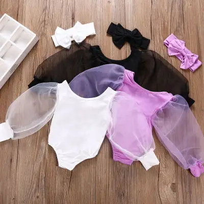 

2020 new children's clothing girls bubble sleeve suit ha-shirt + headband two-piece suit rompers baby clothes