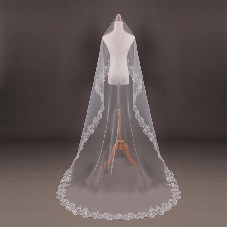 

2023 Simple Bridal Lace Long Wedding Veil White Lace Veil Church