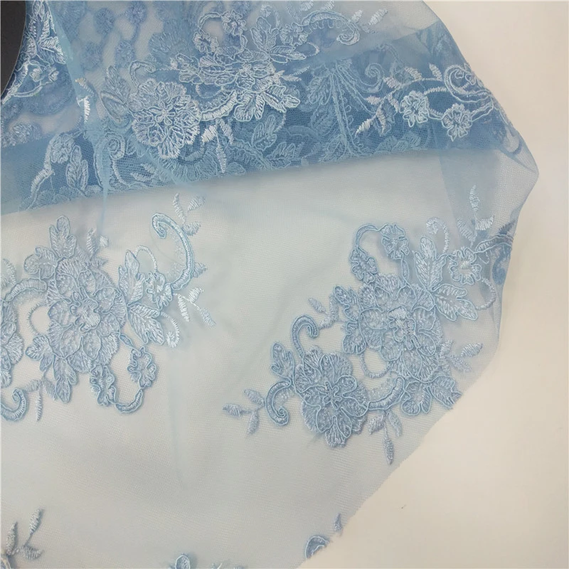 

2020 Hot Style Light Blue Mesh Embroidery Fabric Dinner Dress Textile Fabric, Accept customized color