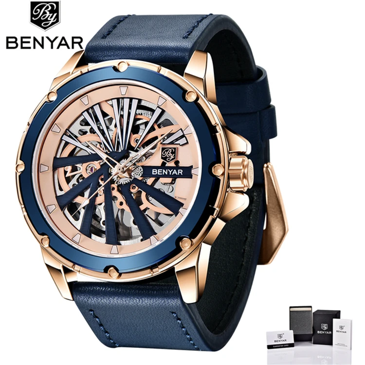

2021 New BENYAR Automatic Mechanical Watch Men's Top Luxury Brand Men's Watch Fashion Leather Strap Waterproof Hollow Wristwatch