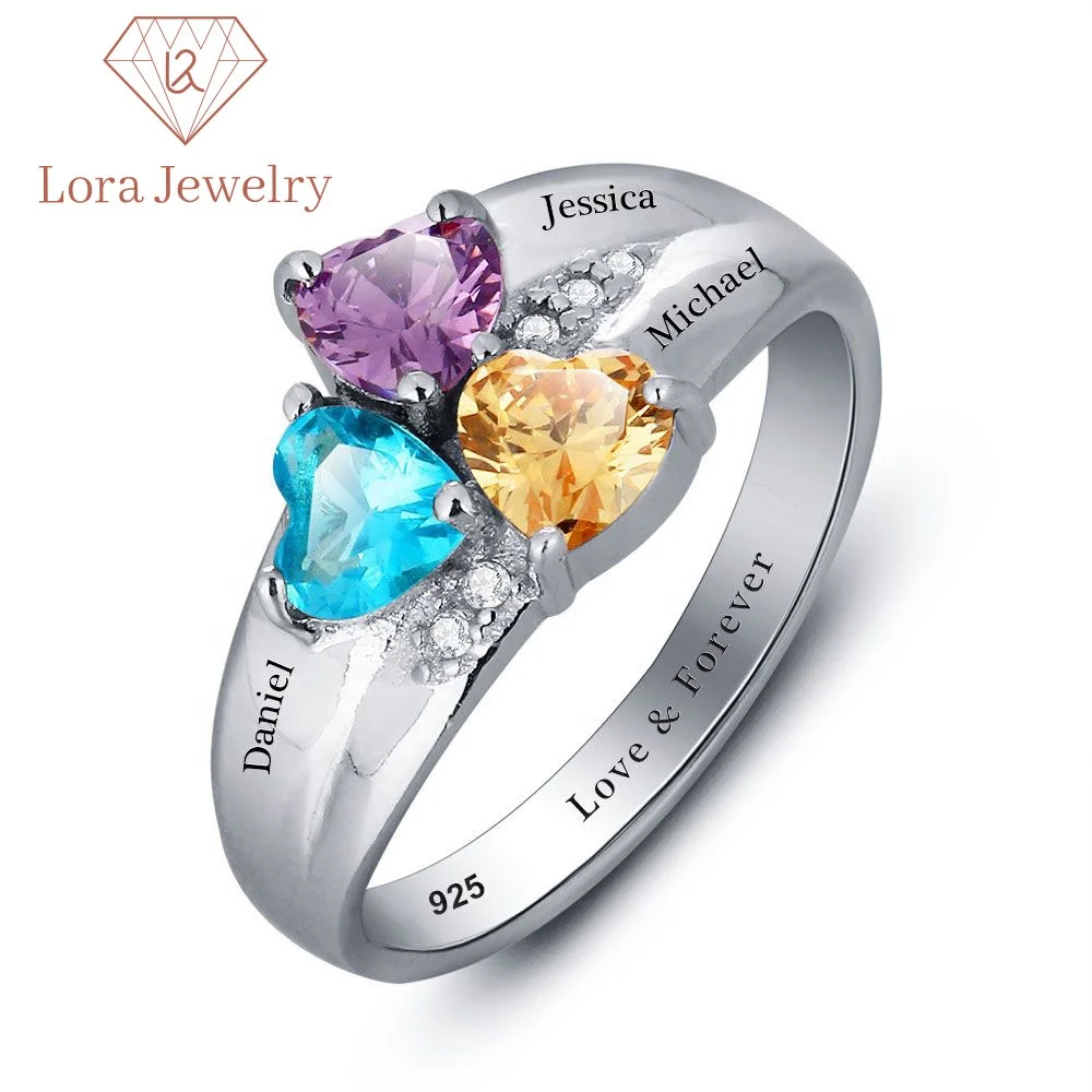 

Fashion Women Three Birthstones Engagement Gift Customized Sterling Silver Heart Shape Rings