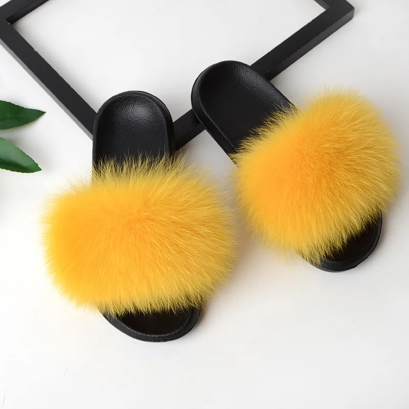 
2020 fluffy fox fur slippers designer slides for women 
