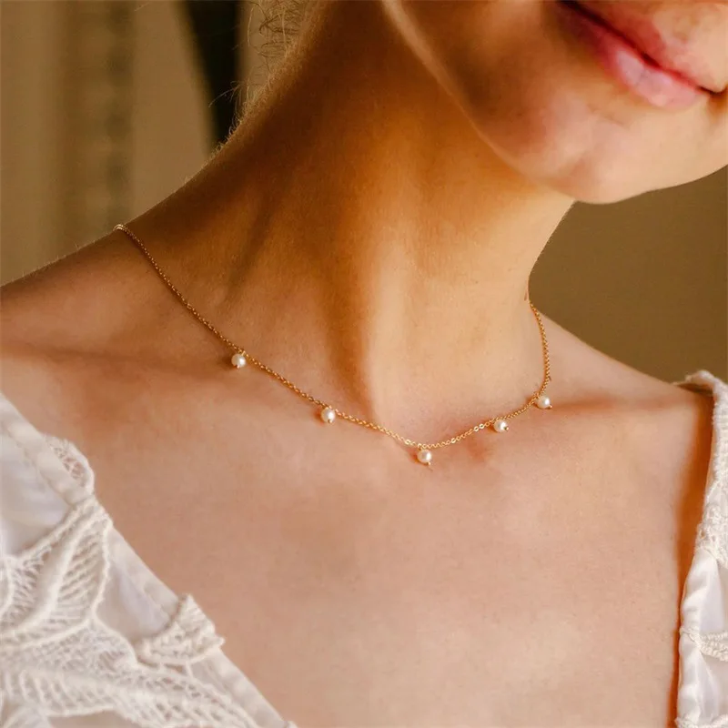 

New Dainty Pearl Necklace for Women 14k Gold Stainless Steel Chain Choker luxury pearl Necklace Everyday Jewelry