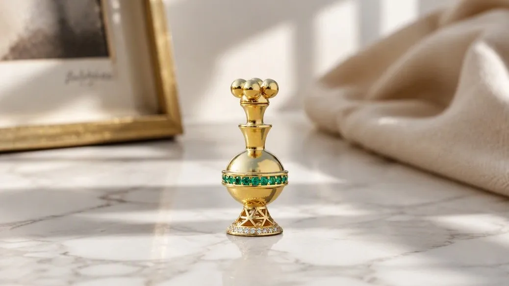 Gold-tone decorative jewelry piece displayed on a marble surface