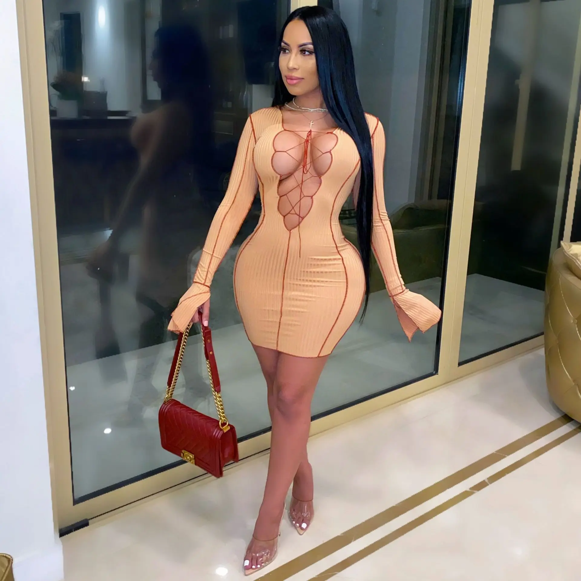 

2021 Fall Winter Women lady Casual Sexy Elegant Night Wear Party Girls' Dresses Club Clothing Sexy Bodycon Lace Up Dresses