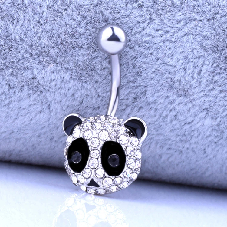 

Cute titanium animal body belly piercing jewelry Stainless Steel kaweii black white panda head Belly Button Ring with crystals, White+black