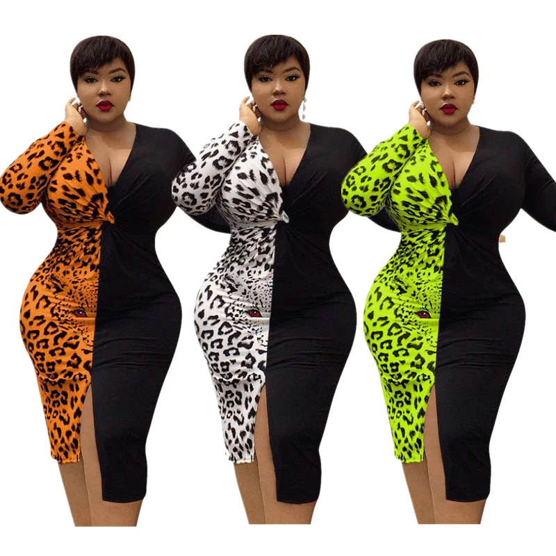 

Dropshipping 2021 Autumn New Trendy Leopard Patch Long Sleeve Bandage Bodycon Women Plus Size Casual Dresses, 3colors