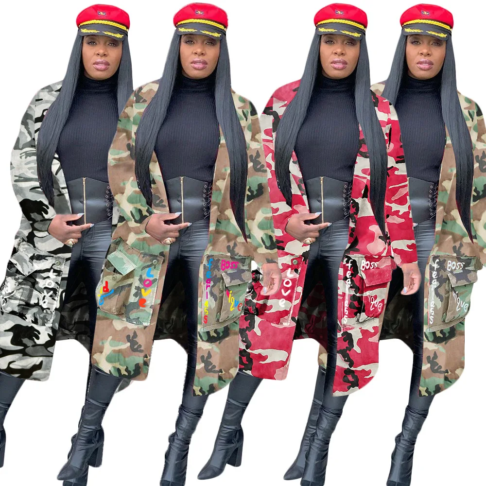 

Womens coats 2020 winter camouflage printed patch long women trench coats