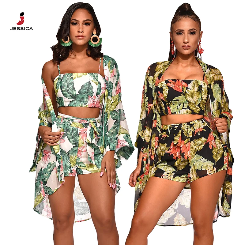

M235-Women's 3 Piece Sets Green Tropical Printed 3/4 Length Sleeves Set Women Beach Outfit