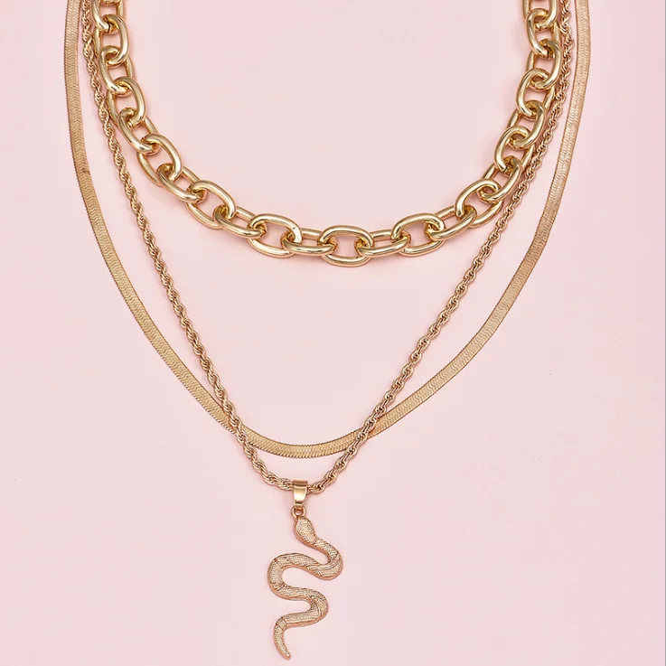 

new fashion trend womens layered gold plated snake rhinestone necklace wholesale, Gold color