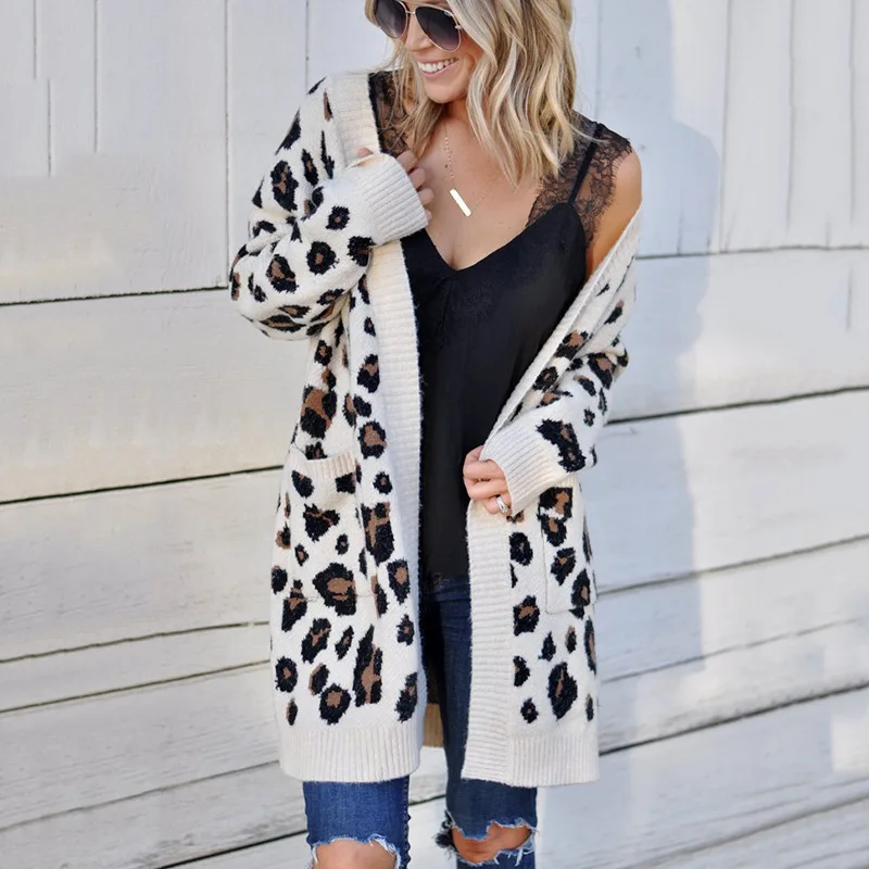 

2020 winter wholesale drop-shipping women's long sleeve leopard print knit cardigan front cardigan warm sweater with pockets, As picture