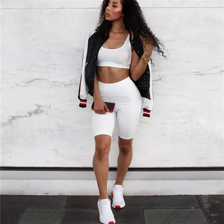 

Hot Sale Women 2 Pieces Clothing Set Bodysuit Sport Crop Tops Bra Vest and Short Pants Jogging Running Set