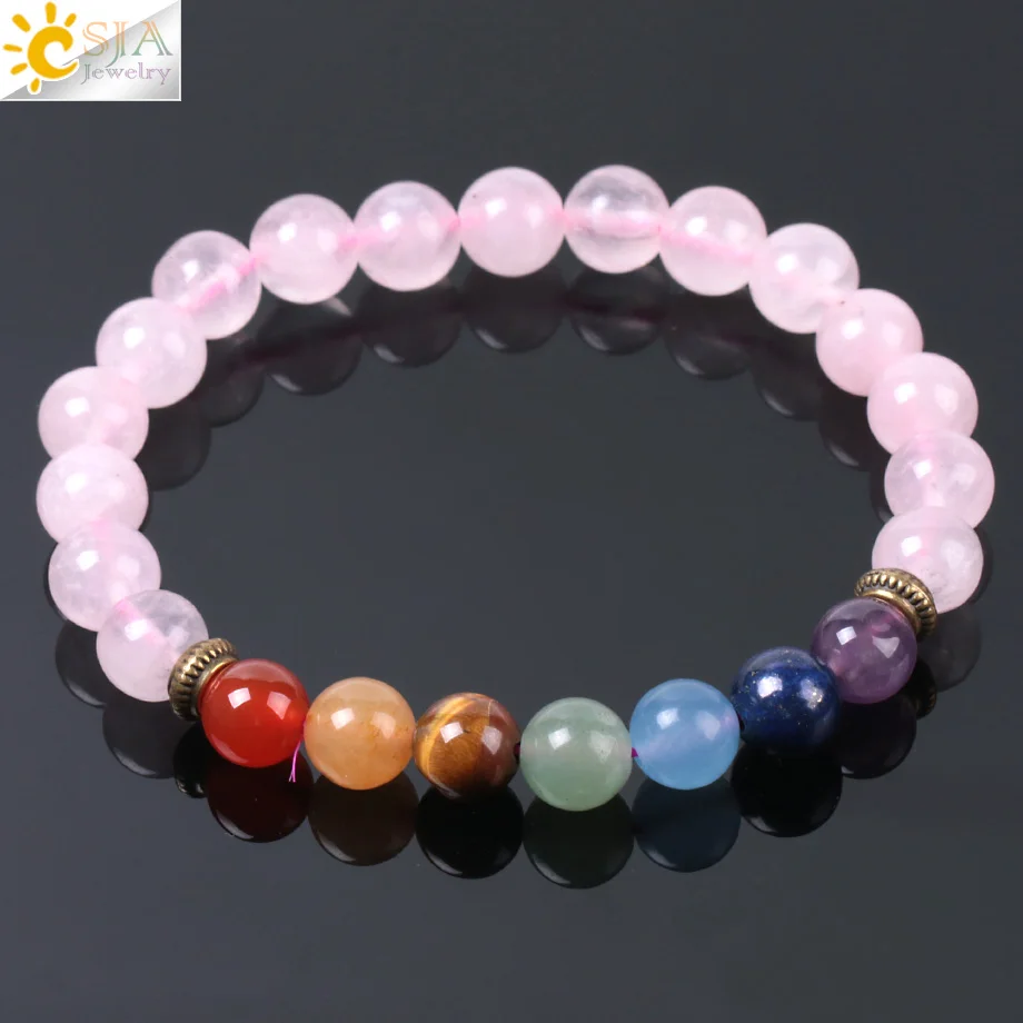 

CSJA 8mm crystal gemstone bead stretch bracelet natural rose quartz stone yoga healing balance bracelet for women E954