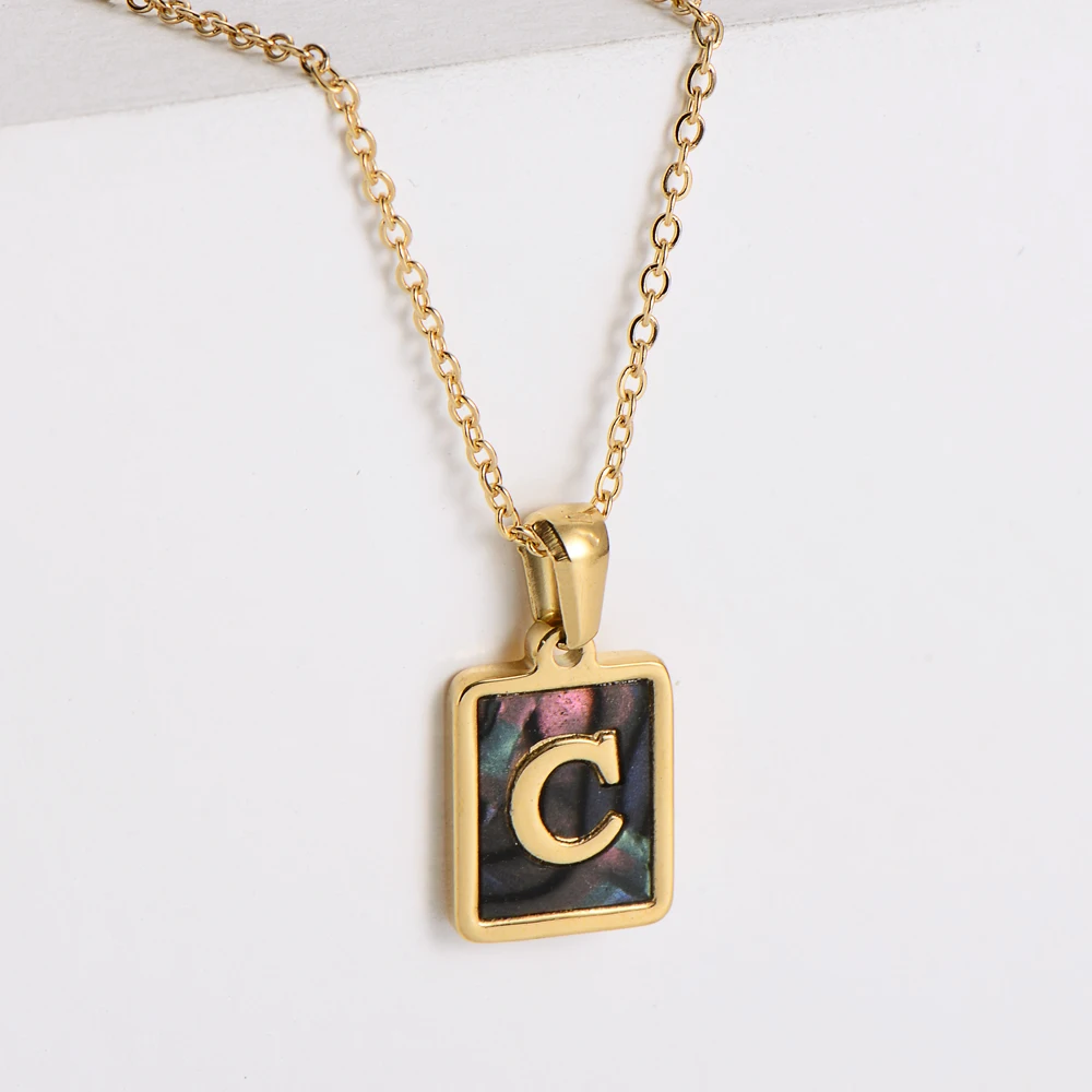 

stainless steel abalone shell inlay women girls souvenirs gift initial necklace tarnish free jewelry, 18k gold