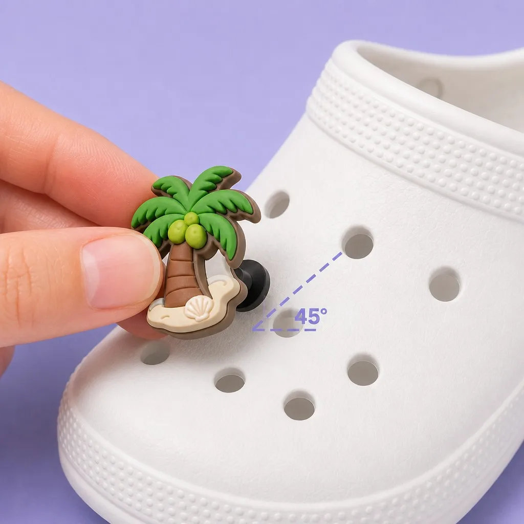 Hand inserting a coconut palm charm into a clog ventilation hole at a 45 degree angle
