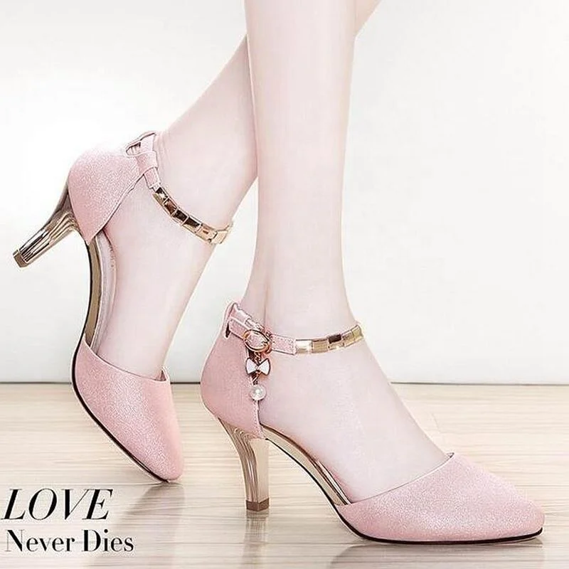 

Fashion Women Pointed Buckle-Belt Pumps Sexy Retro High Thick Heels Shoes Sandals