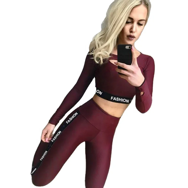 

2021 Wholesale Women Sports Gym Wear Tights And Long Sleeve Top 2 Pieces Seamless Yoga Set, Customized colors