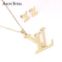 

High Quality Cheap Brand Dubai Gold Plated Stainless Steel Pendant Necklace Earrings Jewelry Set For Women