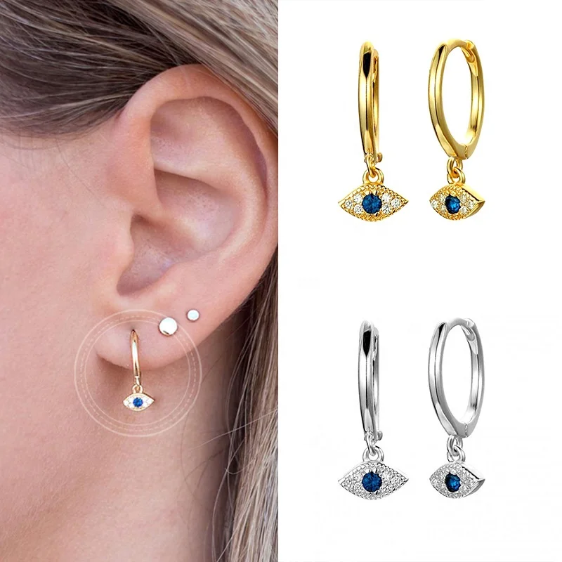 

S925 Silver Drop Earrings Female Evil Eyes Earing Retro Jewelry Blue Eyes Rhinestone Hoop Earrings