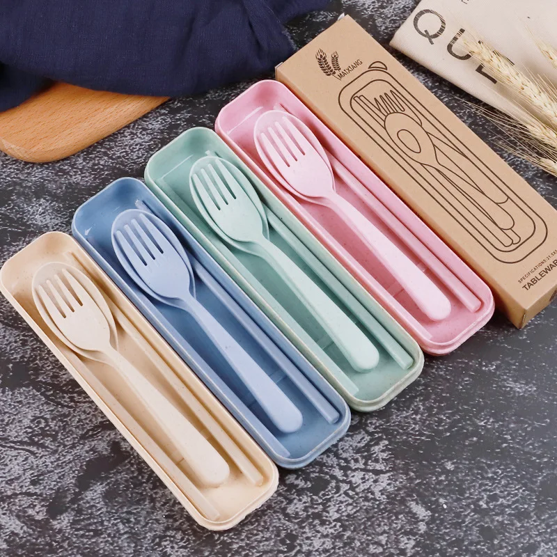 Eco Friendly Portable Spoon Fork Chopsticks Wheat Straw Reusable Travel