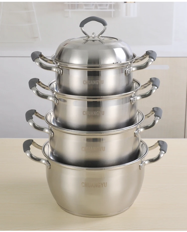 8Pcs Stainless Steel Pot Soup Pot Set Cooking Pot Cookware Set With Silicon Handles