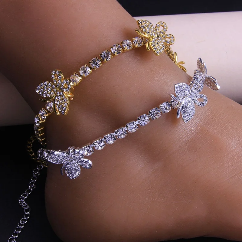 

Europe America Fashion Tennis New Wholesale Anklet Cheap Rhinestones Cuban Link Diamond Hot Butterfly Anklets, 2 colors options