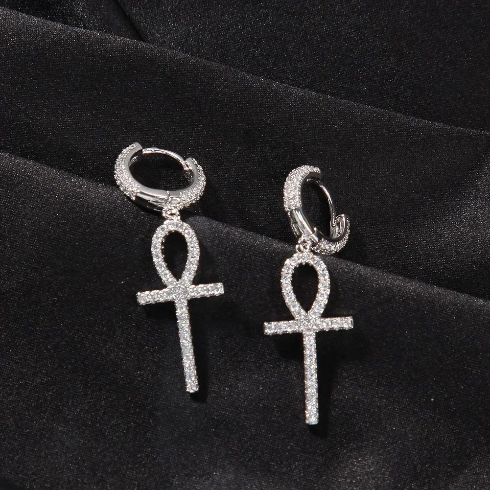

Luxury Hip Hop 1Pair Iced Zircon Ankh Cross Earring Gold Color Micro Paved Bling CZ Stone Earrings For Men Jewelry, Customized color
