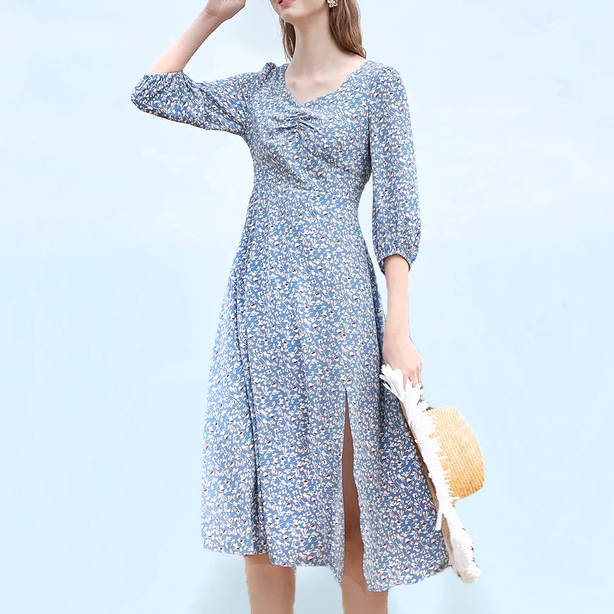 

Girl's Summer Three Quarter Sleeve Ruffled Decoration Front V Neck Floral Printed Midi Dress
