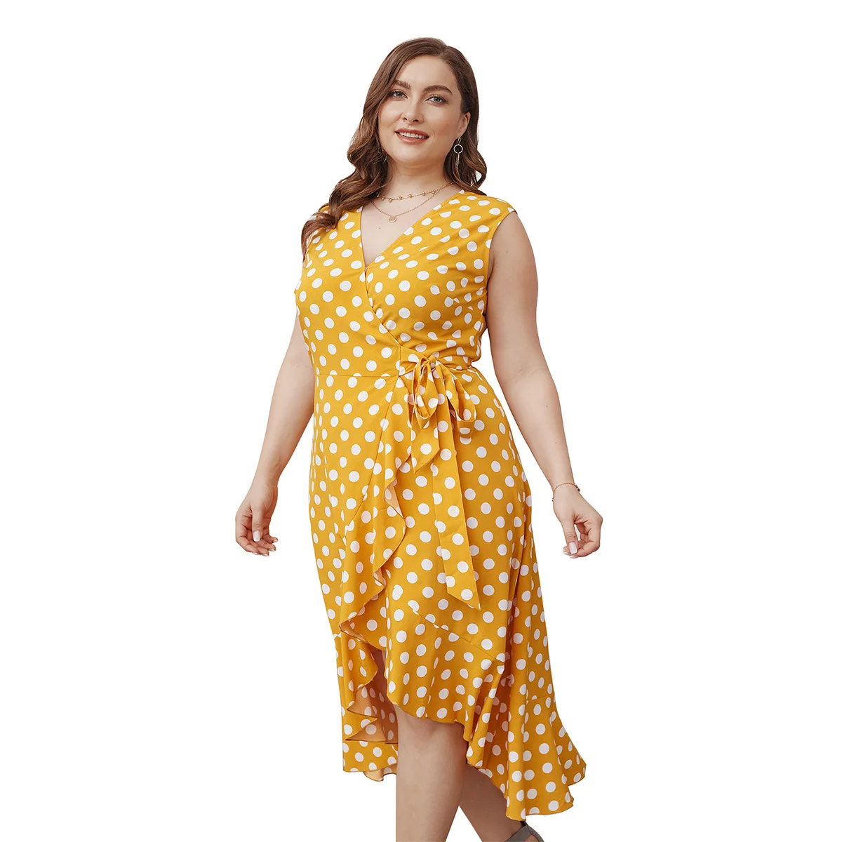 

2021 Custom Soft Yellow Fat Women Clothing V-Neck Midi Wrap Dress Fashion