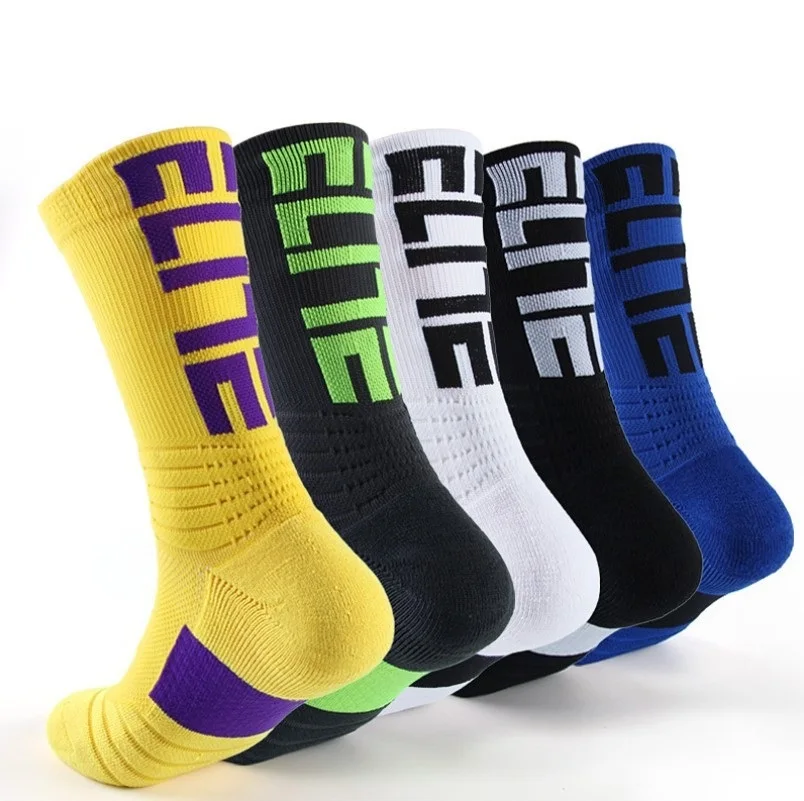 

Low MOQ Bulk Elite Athletic Socks Basketball Sport Sox Terry Cushion Men Crew Socks Logo Customized, 5 colors