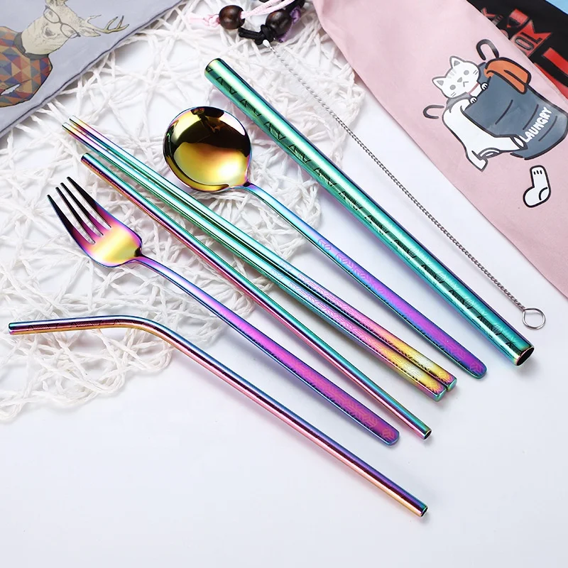 

7PCS/Set Dinnerware Set Travel Camping Cutlery Set Reusable Silverware with Metal Straw Spoon Fork Chopsticks and Carry Pouch