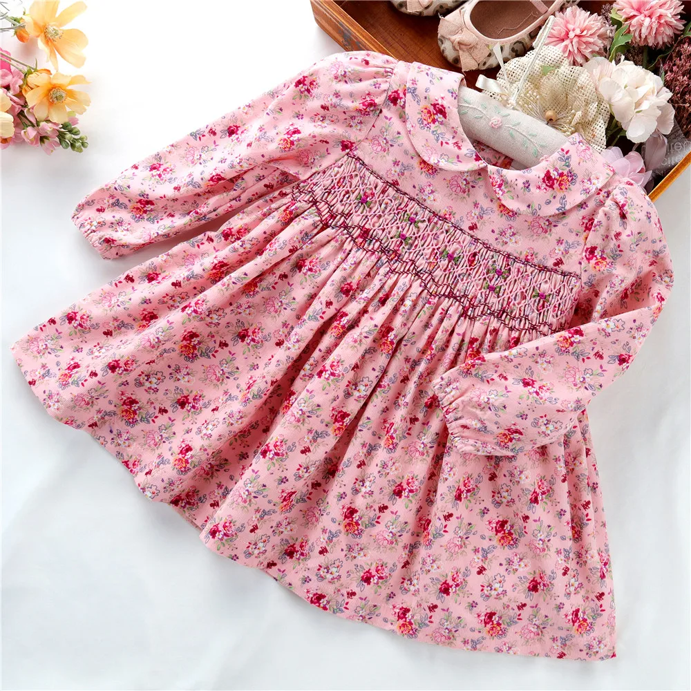 

wholesale fall autumn handmade embroidery baby girls smocked dresses long sleeve bishop C20729