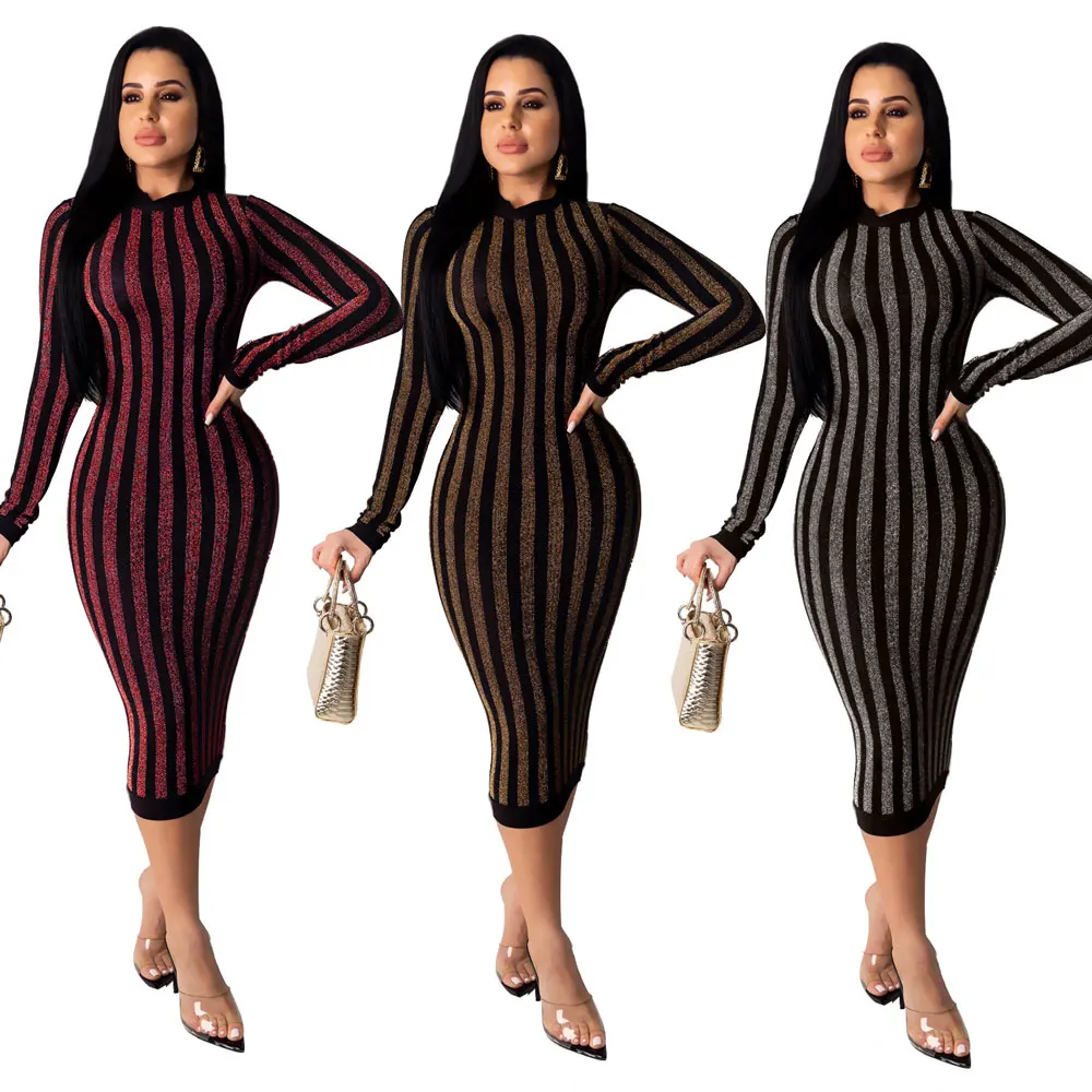 

20224-MX10 sehe fashion ladies stripe bodycon slim club dresses