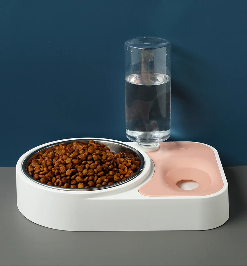 

New Inventions Double Bowls Feeder Food Water Drink Dispenser Automatic Pet Slow Feeder, Solid