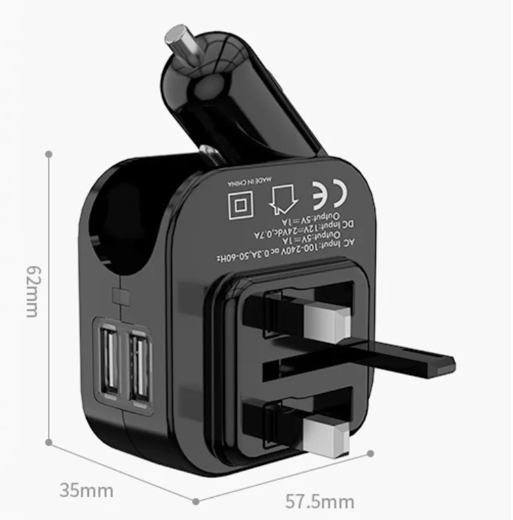 

Good quality 2 in 1 Home Travel Wall AC / Car Dual USB charger with worldwide foldable DC plug and universal socket